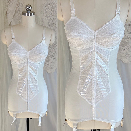 Vintage 1950's - 1960's All in One Girdle - White Power Mesh with Embroidered Chiffon & Rayon Satin Inserts - by Corde de Parie, size 36 B - Daggers & Dames