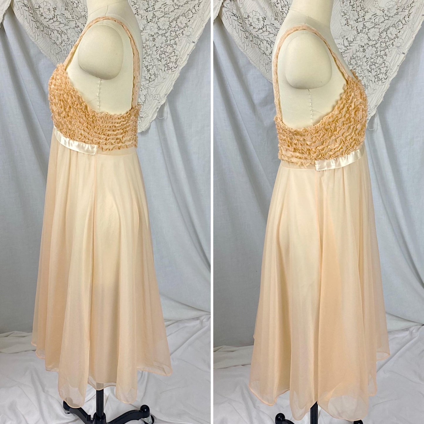Vintage 1950's - 1960's Babydoll Nightgown | Pale Peach Nylon Chiffon with Ruffled Blush Pink Lace | Size S - Daggers & Dames