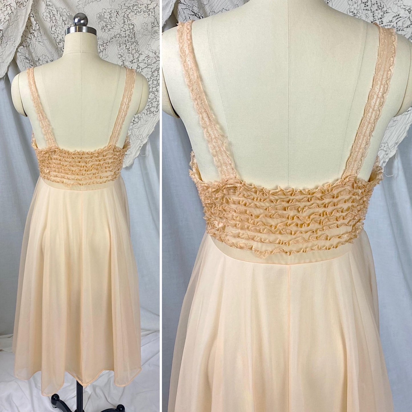 Vintage 1950's - 1960's Babydoll Nightgown | Pale Peach Nylon Chiffon with Ruffled Blush Pink Lace | Size S - Daggers & Dames