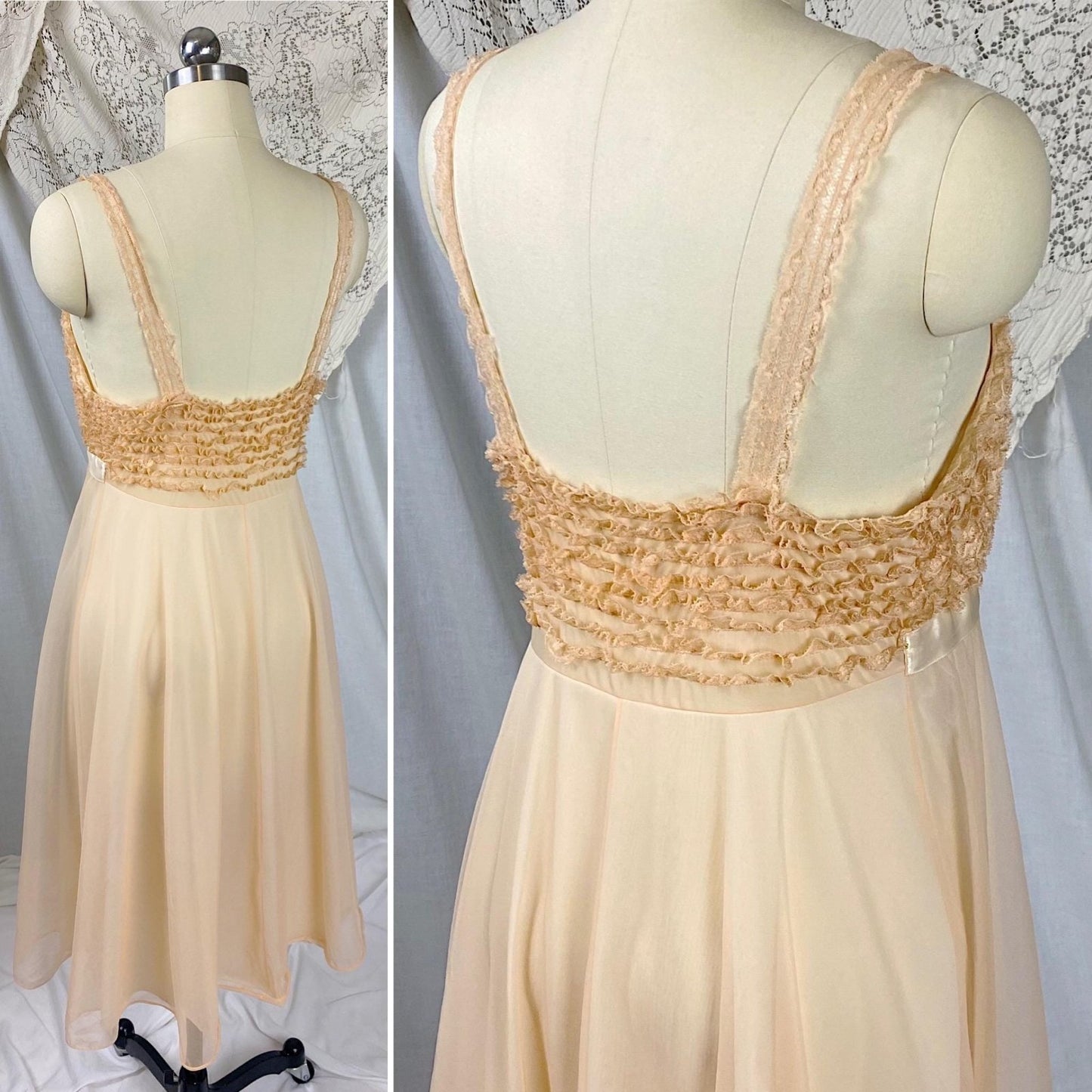 Vintage 1950's - 1960's Babydoll Nightgown | Pale Peach Nylon Chiffon with Ruffled Blush Pink Lace | Size S - Daggers & Dames