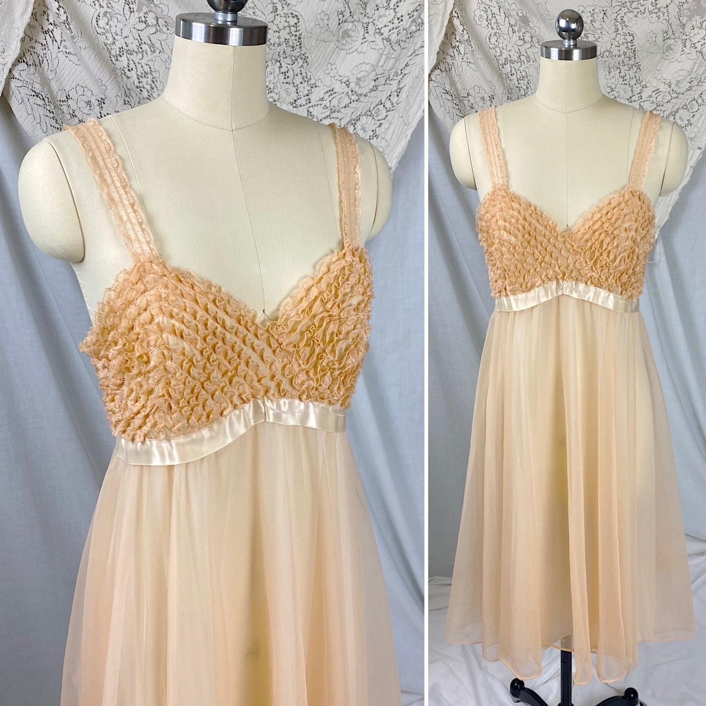 Vintage 1950's - 1960's Babydoll Nightgown | Pale Peach Nylon Chiffon with Ruffled Blush Pink Lace | Size S - Daggers & Dames