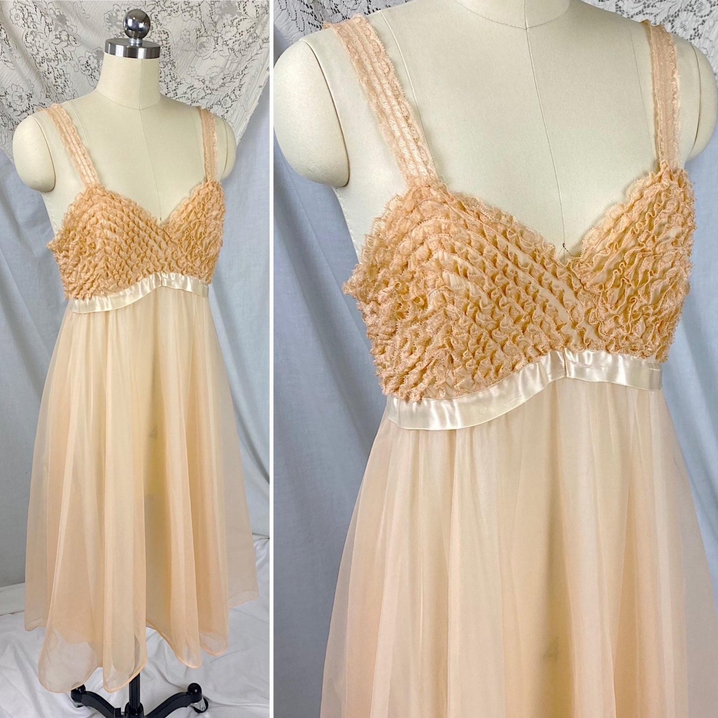 Vintage 1950's - 1960's Babydoll Nightgown | Pale Peach Nylon Chiffon with Ruffled Blush Pink Lace | Size S - Daggers & Dames