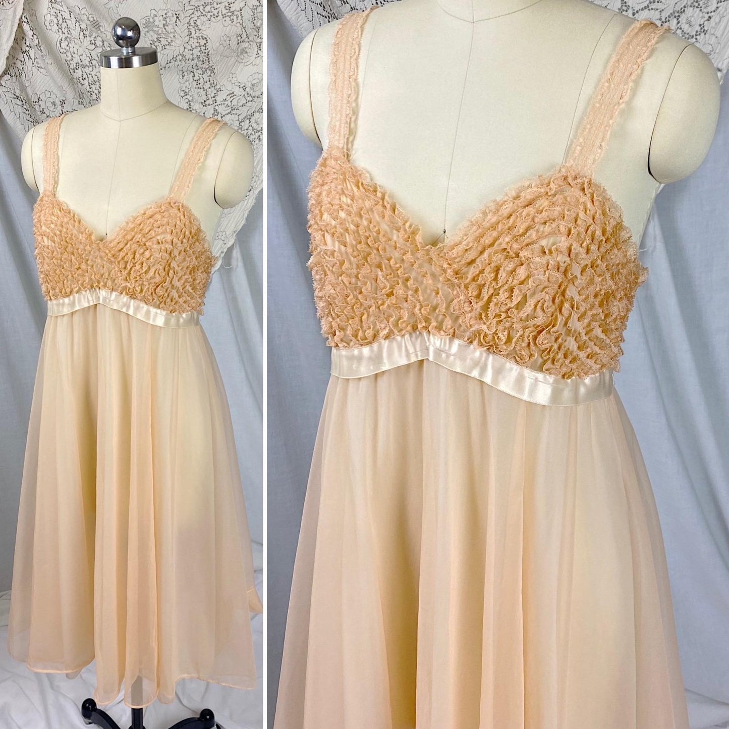 Vintage 1950's - 1960's Babydoll Nightgown | Pale Peach Nylon Chiffon with Ruffled Blush Pink Lace | Size S - Daggers & Dames