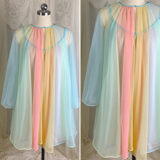 Vintage 1950's - 1960's Babydoll Nightgown & Peignoir Set | Pastel Rainbow Nylon Chiffon with Crystal Buttons - Size S, M - By Vanity Fair - Daggers & Dames