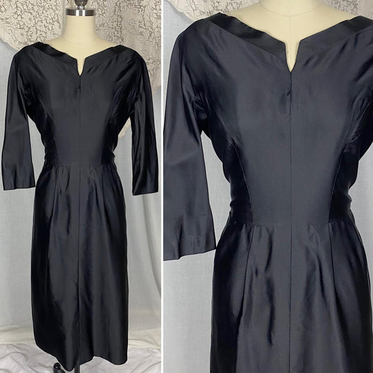Vintage 1950's - 1960's Dress | Inky Black Silk with Ruched Bustle Detail | Size LG | Fira Benenson for Lord & Taylor - Daggers & Dames