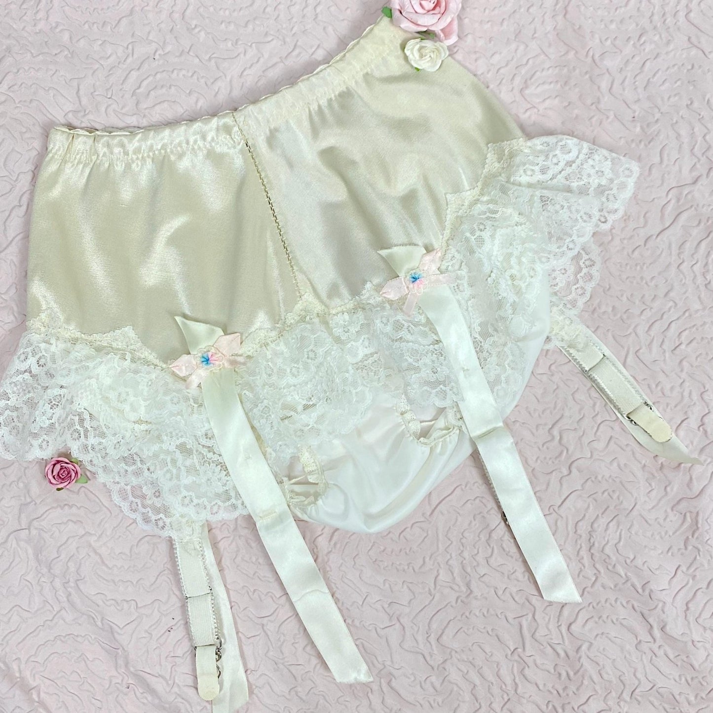 Vintage 1950's - 1960's Garter Panties | Creamy Off - White Satin with Ruffled Lace & Nylon Gusset | Size XS, S | By Glydon's - Daggers & Dames