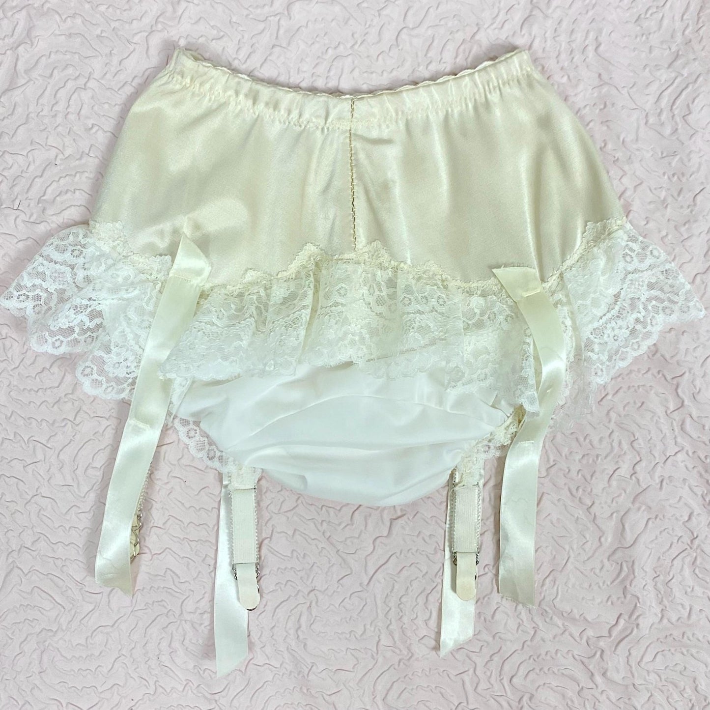 Vintage 1950's - 1960's Garter Panties | Creamy Off - White Satin with Ruffled Lace & Nylon Gusset | Size XS, S | By Glydon's - Daggers & Dames