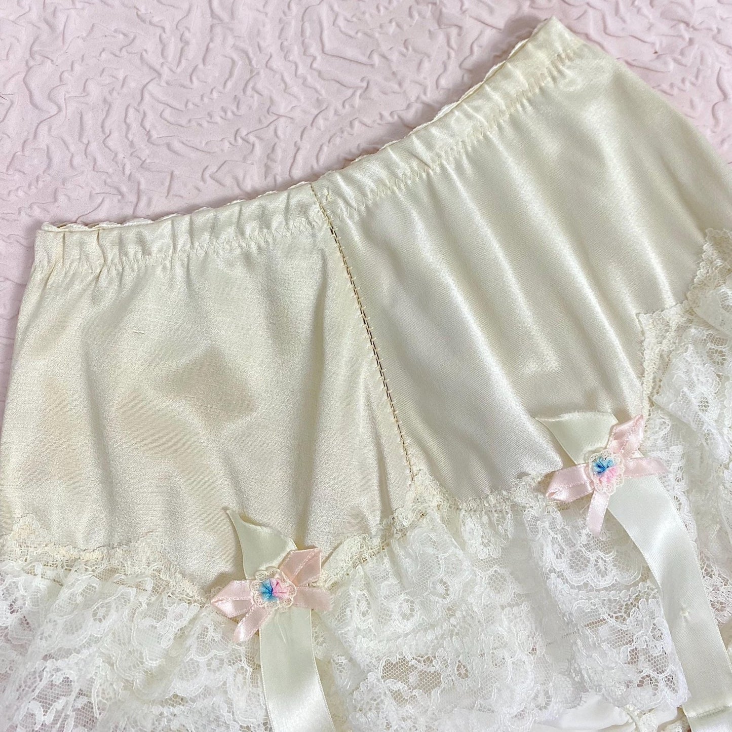 Vintage 1950's - 1960's Garter Panties | Creamy Off - White Satin with Ruffled Lace & Nylon Gusset | Size XS, S | By Glydon's - Daggers & Dames