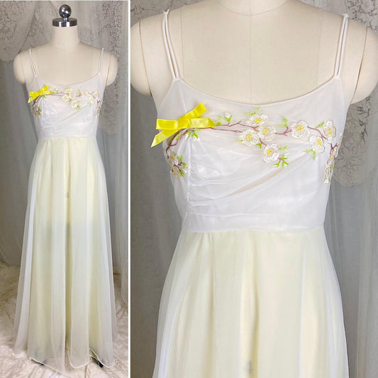 Vintage 1950's - 1960's Nightgown - Pale Lemon Nylon with Sheer White Chiffon & Cherry Blossom Embroidery - Size S, M - By Vanity Fair - Daggers & Dames