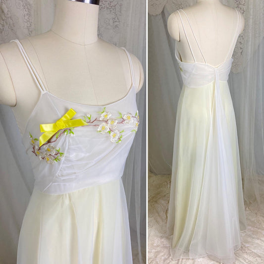 Vintage 1950's - 1960's Nightgown - Pale Lemon Nylon with Sheer White Chiffon & Cherry Blossom Embroidery - Size S, M - By Vanity Fair - Daggers & Dames