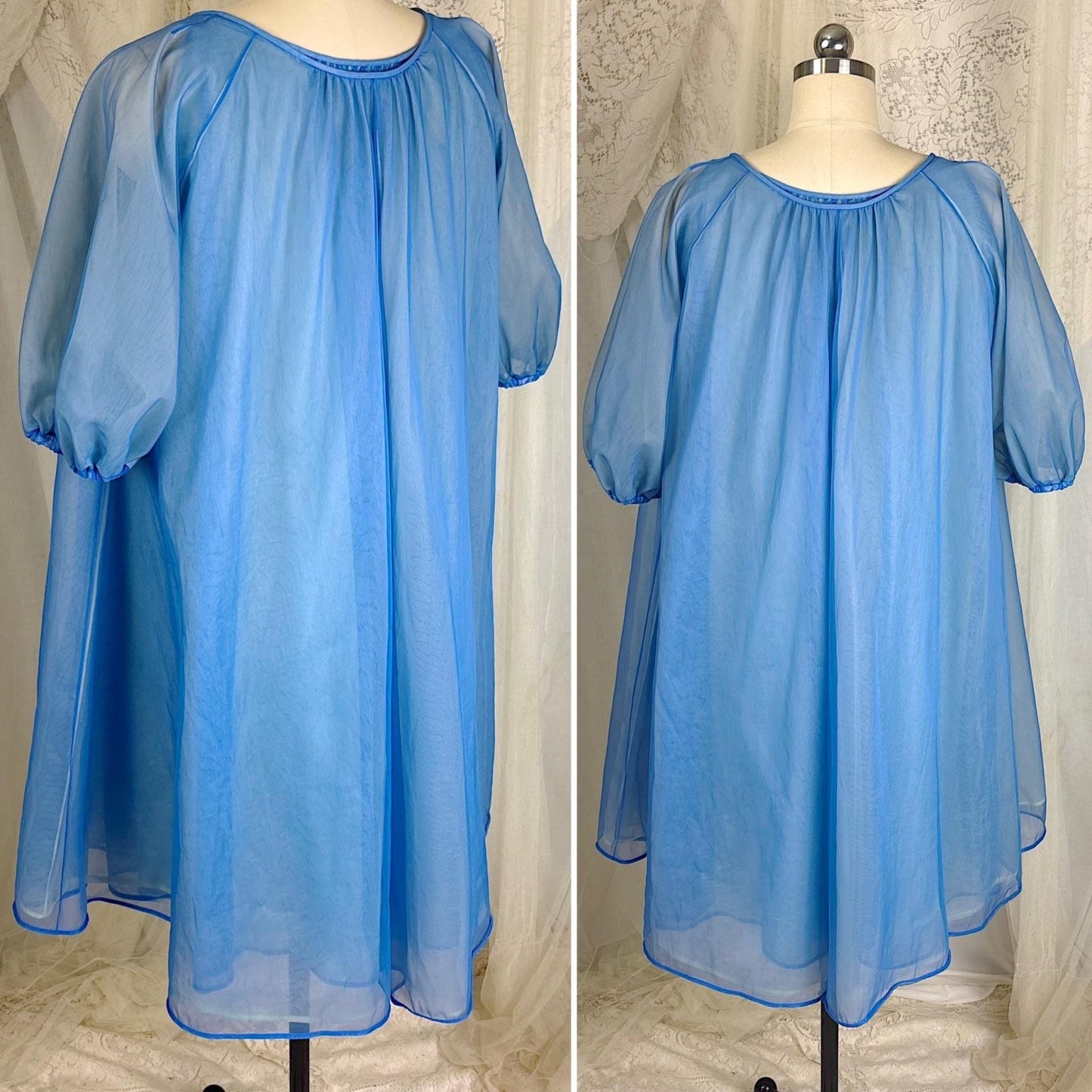 Vintage 1950's - 1960's Nightgown & Peignoir Set - Sheer Navy Blue and Custard Yellow Nylon Chiffon with Pussy Bow - By Pinehurst - Size M - Daggers & Dames