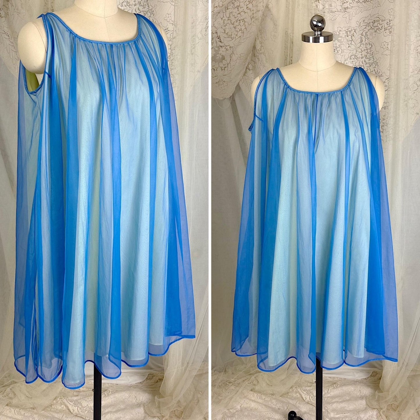 Vintage 1950's - 1960's Nightgown & Peignoir Set - Sheer Navy Blue and Custard Yellow Nylon Chiffon with Pussy Bow - By Pinehurst - Size M - Daggers & Dames