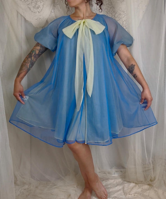 Vintage 1950's - 1960's Nightgown & Peignoir Set - Sheer Navy Blue and Custard Yellow Nylon Chiffon with Pussy Bow - By Pinehurst - Size M - Daggers & Dames