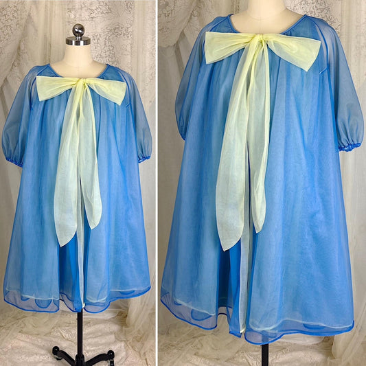 Vintage 1950's - 1960's Nightgown & Peignoir Set - Sheer Navy Blue and Custard Yellow Nylon Chiffon with Pussy Bow - By Pinehurst - Size M - Daggers & Dames