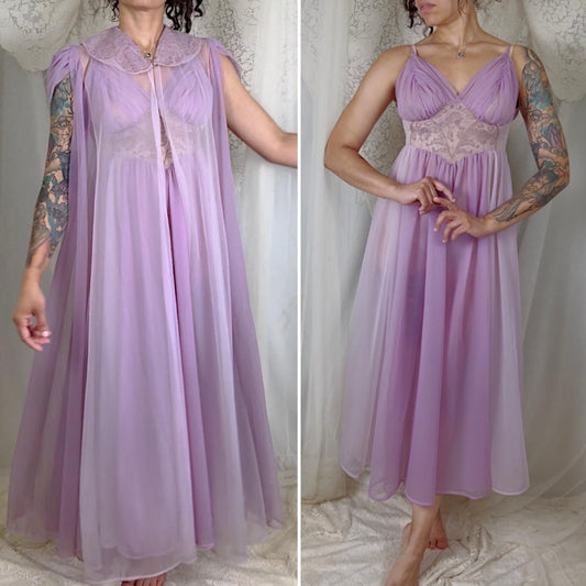 Vintage 1950's - 1960's Nightgown & Peignoir Set - Sheer Two Tone Purple Nylon Chiffon with Gold Thread Embroidery and Web Pattern - Size S - Daggers & Dames