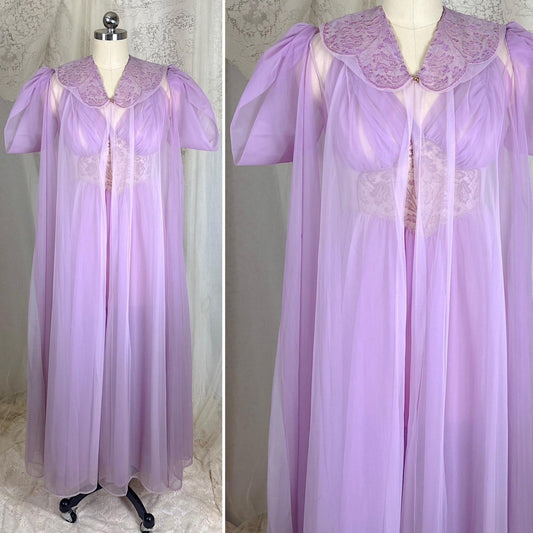 Vintage 1950's - 1960's Nightgown & Peignoir Set - Sheer Two Tone Purple Nylon Chiffon with Gold Thread Embroidery and Web Pattern - Size S - Daggers & Dames