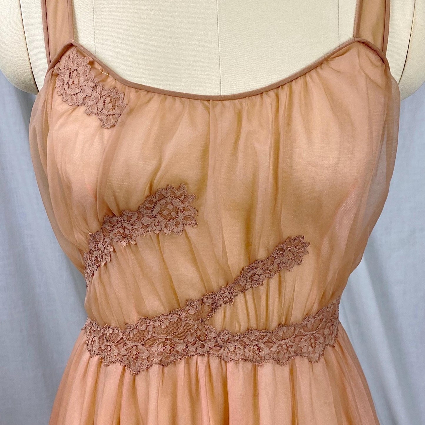 Vintage 1950's - 1960's Nightgown | Sheer Rich Mocha Brown Nylon Chiffon with Sparkly Blush Pink Lining | Size XS | By Kayser - Daggers & Dames