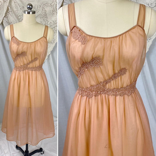 Vintage 1950's - 1960's Nightgown | Sheer Rich Mocha Brown Nylon Chiffon with Sparkly Blush Pink Lining | Size XS | By Kayser - Daggers & Dames