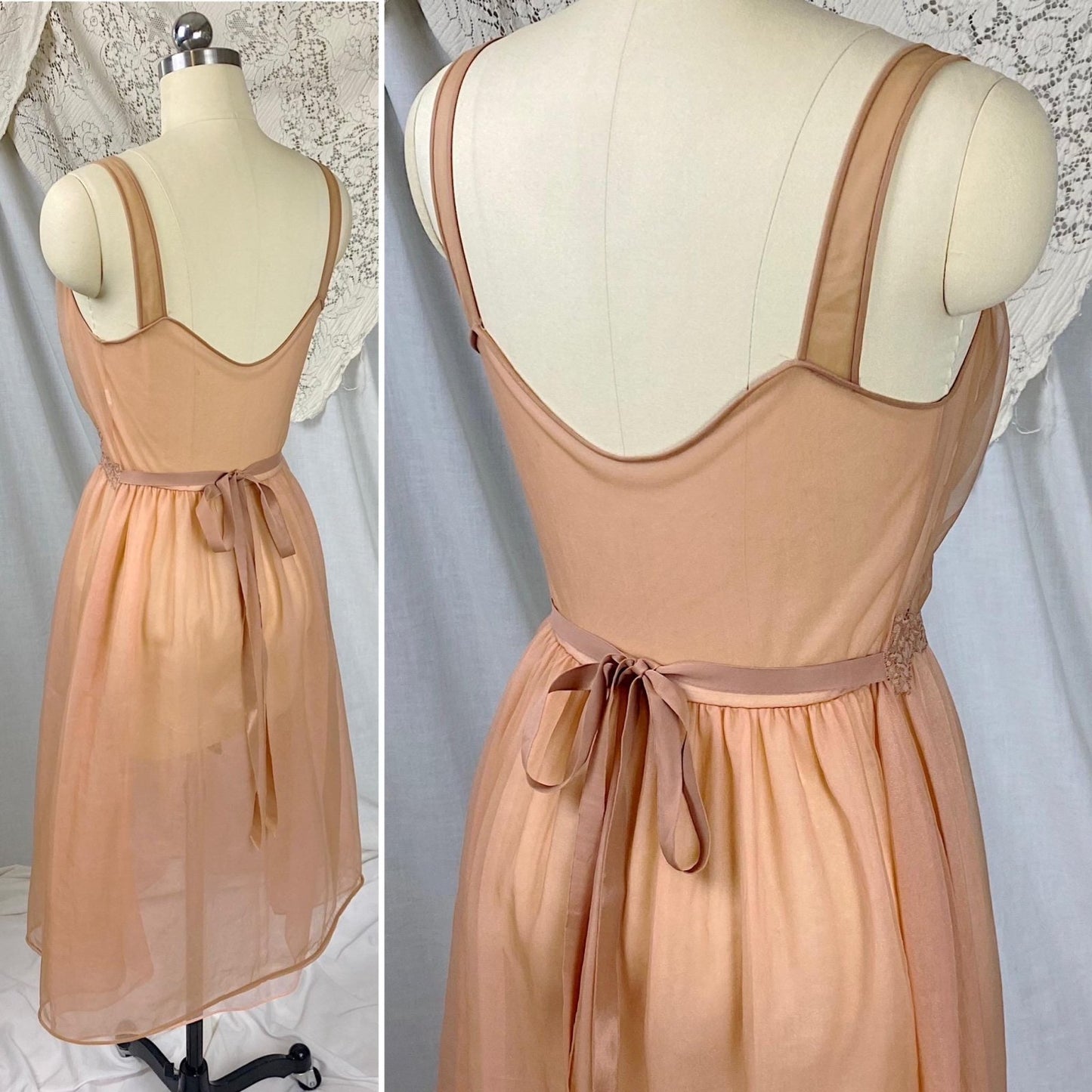 Vintage 1950's - 1960's Nightgown | Sheer Rich Mocha Brown Nylon Chiffon with Sparkly Blush Pink Lining | Size XS | By Kayser - Daggers & Dames
