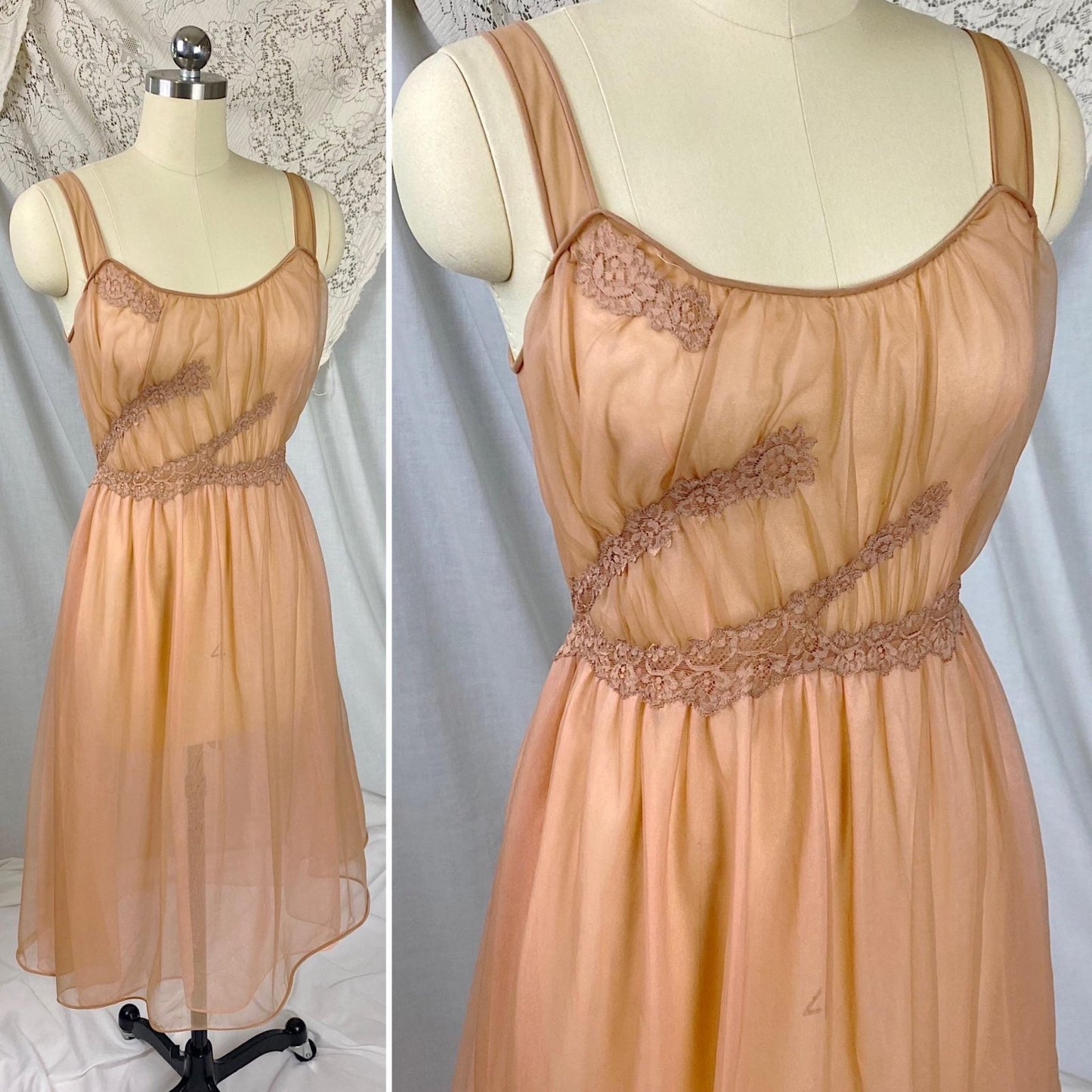 Vintage 1950's - 1960's Nightgown | Sheer Rich Mocha Brown Nylon Chiffon with Sparkly Blush Pink Lining | Size XS | By Kayser - Daggers & Dames