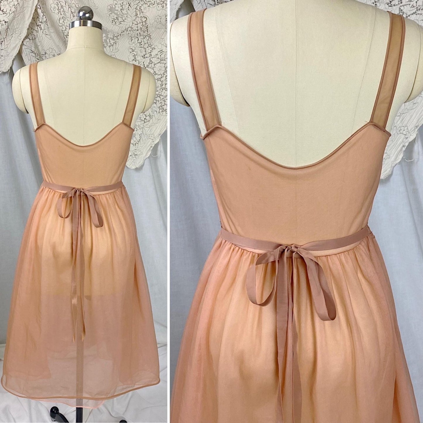 Vintage 1950's - 1960's Nightgown | Sheer Rich Mocha Brown Nylon Chiffon with Sparkly Blush Pink Lining | Size XS | By Kayser - Daggers & Dames