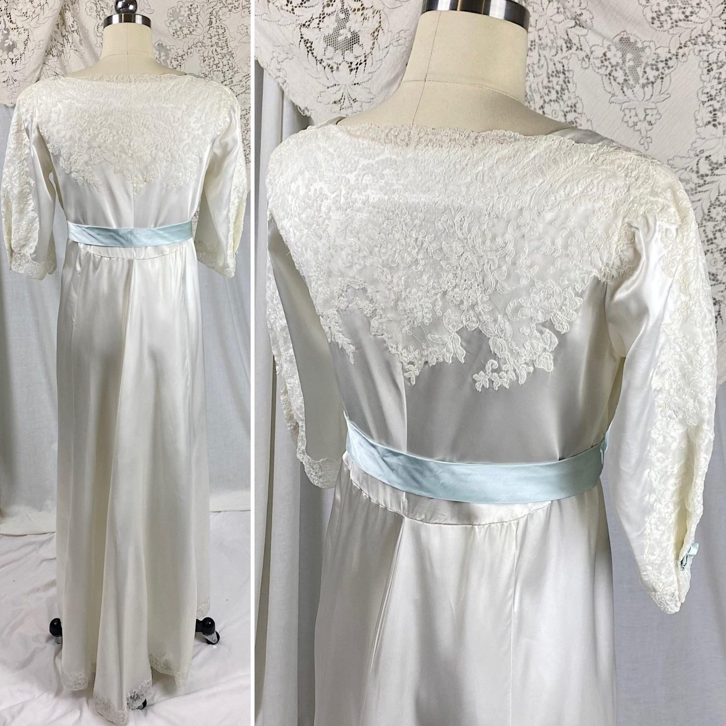 Vintage 1950's Bridal Nightgown & Robe Set | White Rayon Satin with Intricate Embroidered Lace | Size XS, S - Daggers & Dames