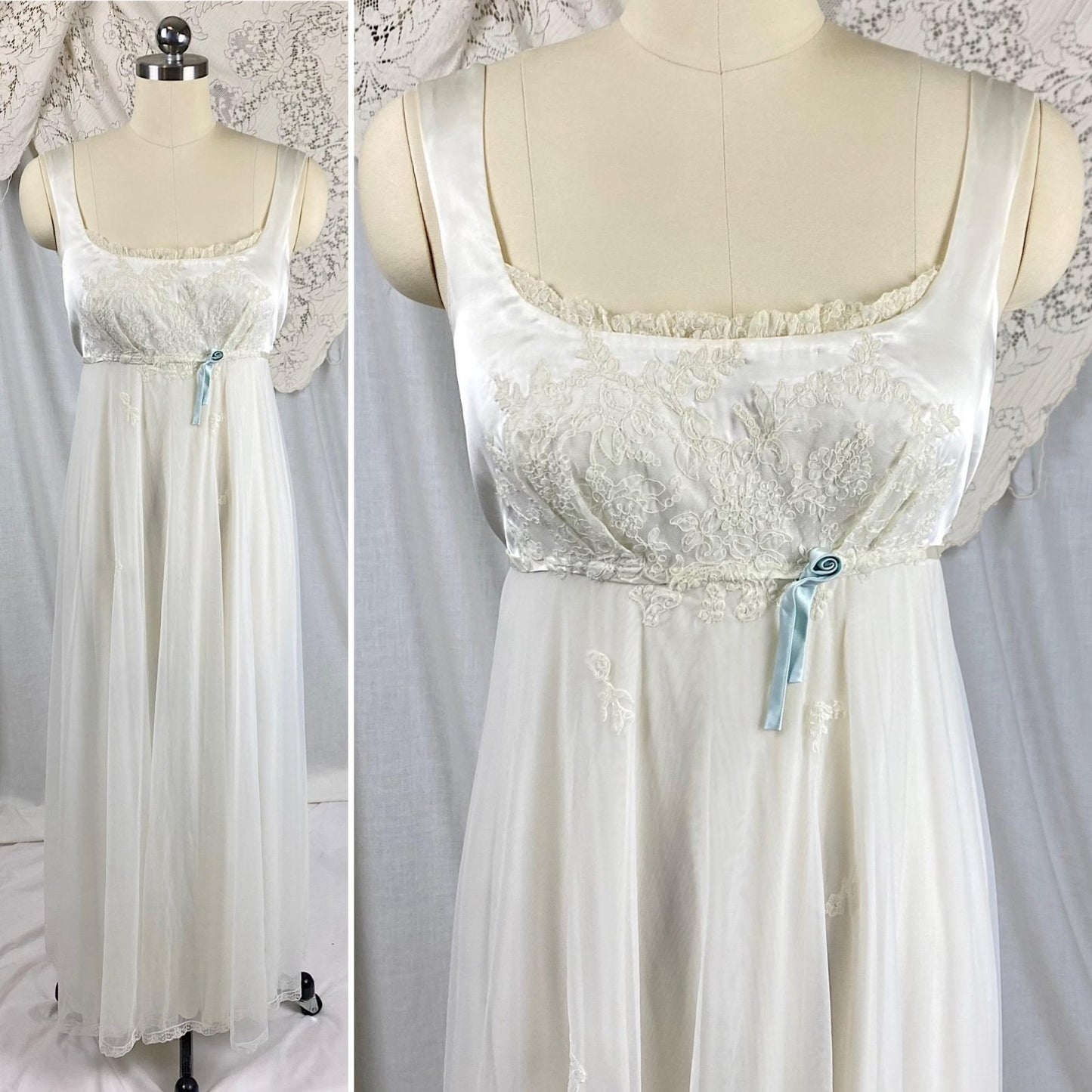 Vintage 1950's Bridal Nightgown & Robe Set | White Rayon Satin with Intricate Embroidered Lace | Size XS, S - Daggers & Dames
