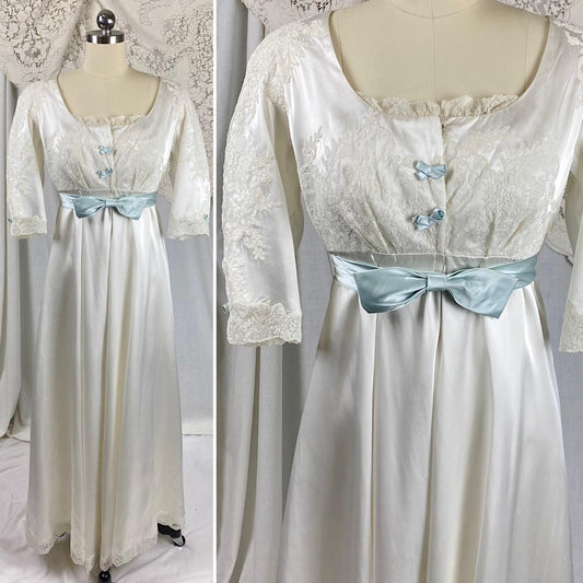 Vintage 1950's Bridal Nightgown & Robe Set | White Rayon Satin with Intricate Embroidered Lace | Size XS, S - Daggers & Dames