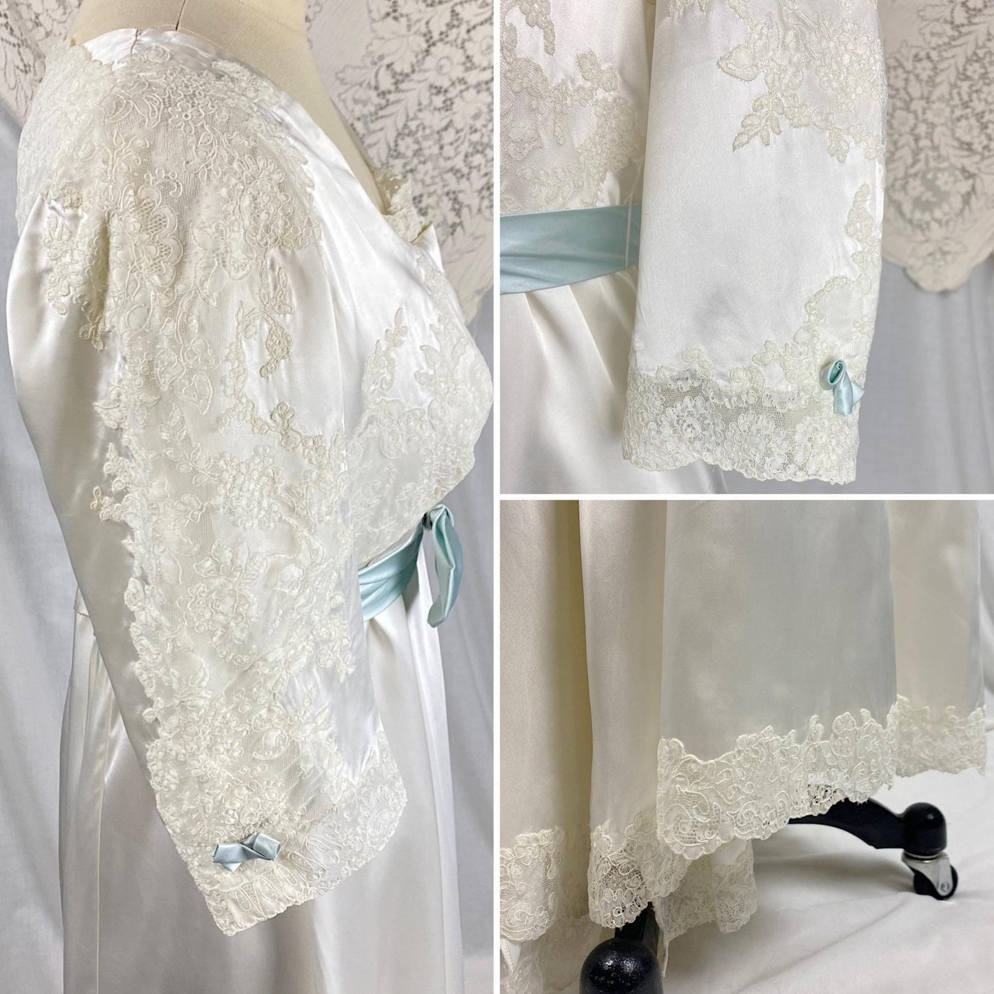 Vintage 1950's Bridal Nightgown & Robe Set | White Rayon Satin with Intricate Embroidered Lace | Size XS, S - Daggers & Dames