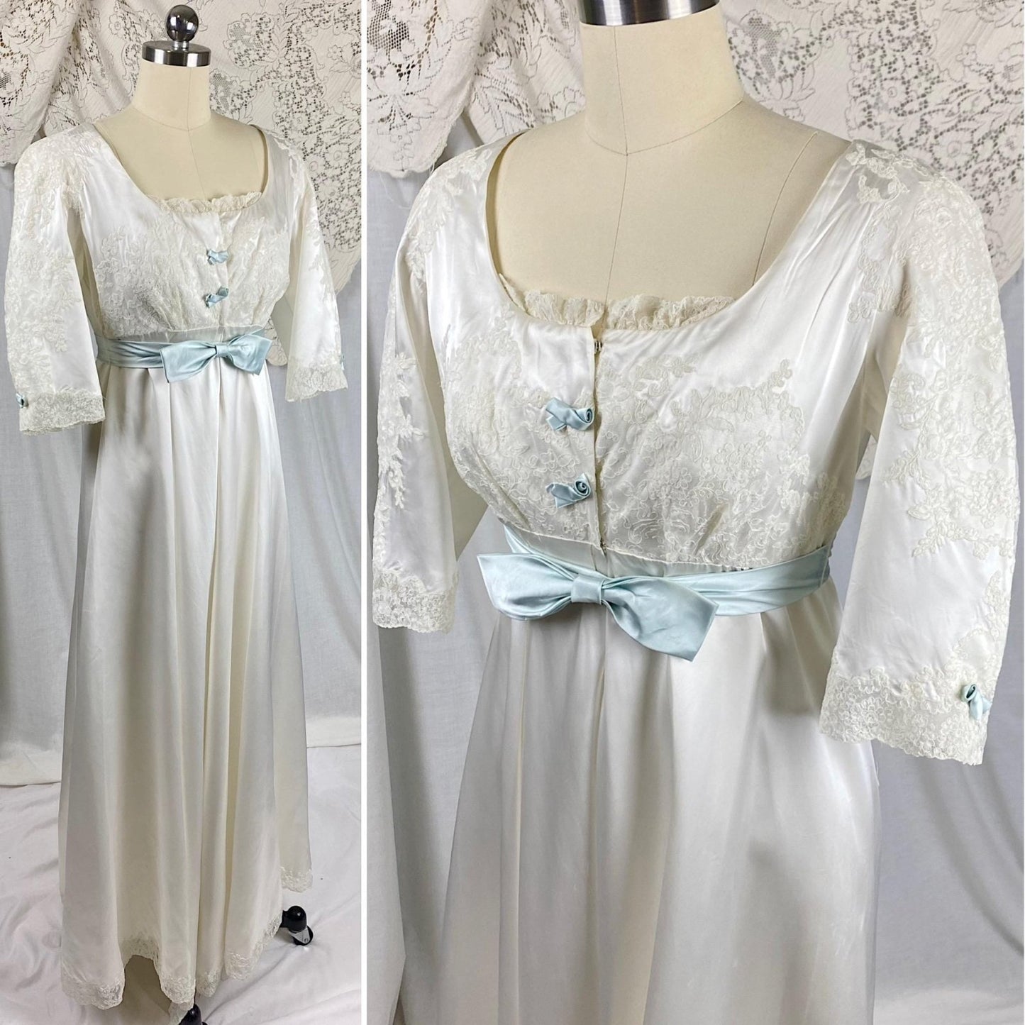 Vintage 1950's Bridal Nightgown & Robe Set | White Rayon Satin with Intricate Embroidered Lace | Size XS, S - Daggers & Dames