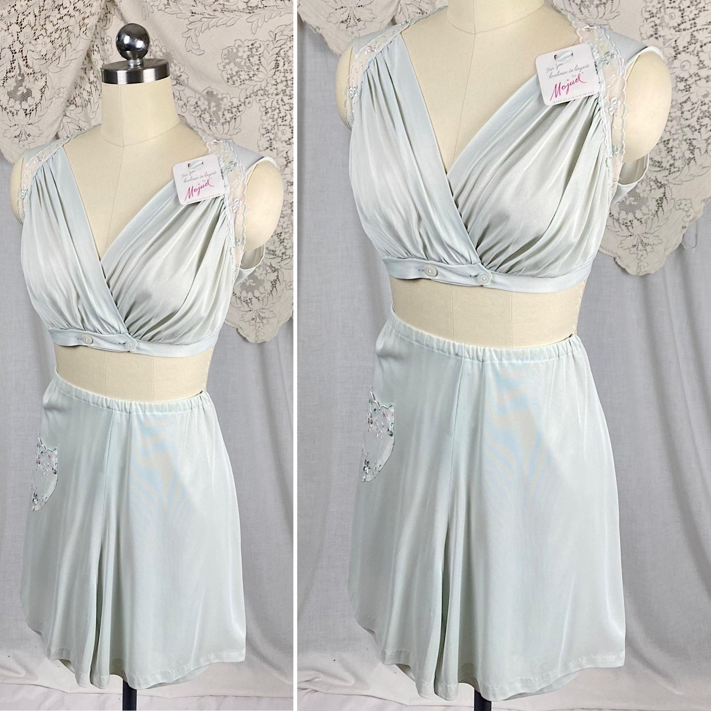 Vintage 1950's Crop Top & Bloomers Pajama Set | Pale Aqua Blue Nylon with Sheer White Chiffon Trim | Size XS, S | Mojud - Never Worn - Daggers & Dames