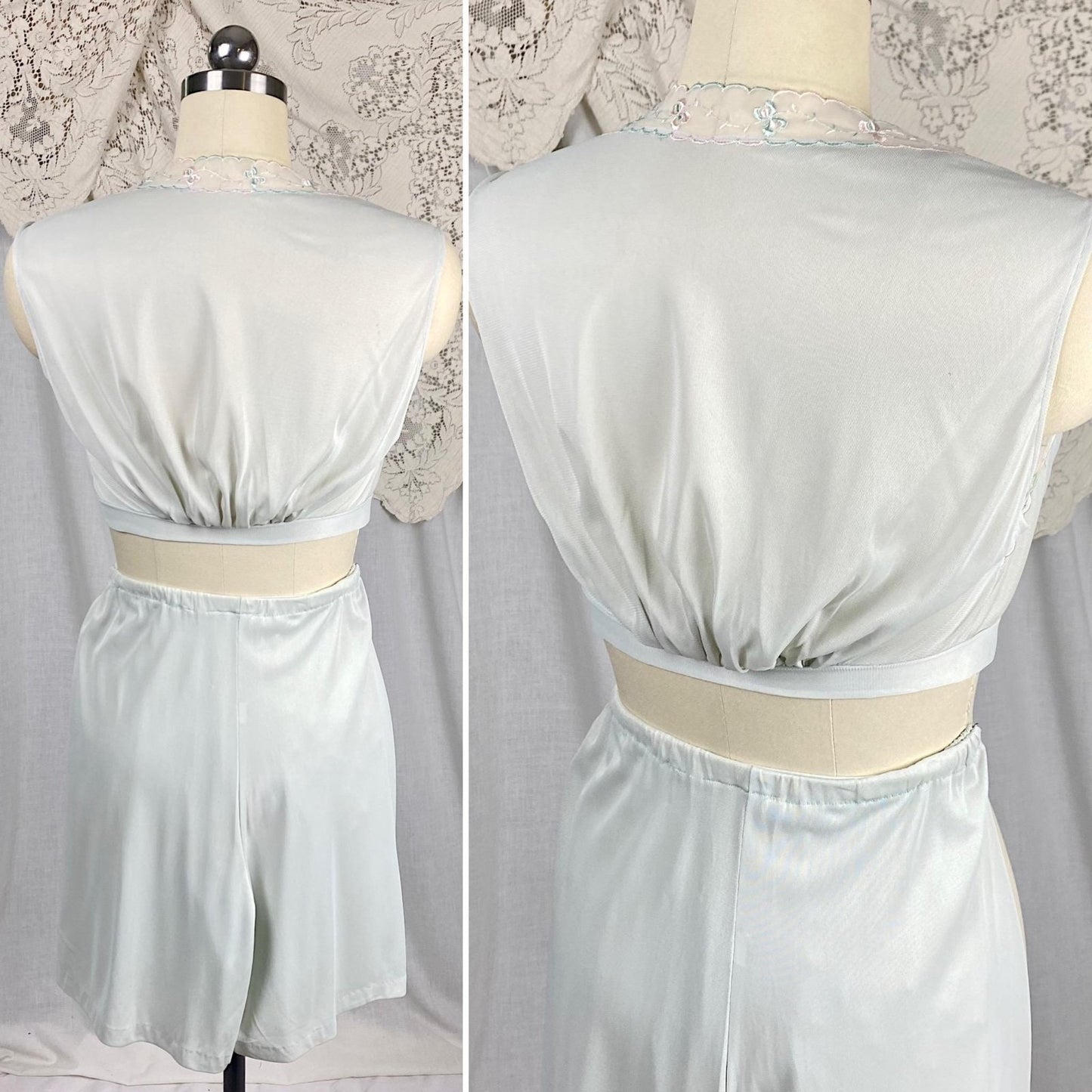 Vintage 1950's Crop Top & Bloomers Pajama Set | Pale Aqua Blue Nylon with Sheer White Chiffon Trim | Size XS, S | Mojud - Never Worn - Daggers & Dames