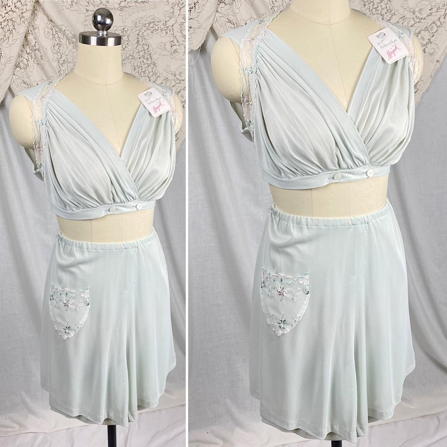 Vintage 1950's Crop Top & Bloomers Pajama Set | Pale Aqua Blue Nylon with Sheer White Chiffon Trim | Size XS, S | Mojud - Never Worn - Daggers & Dames