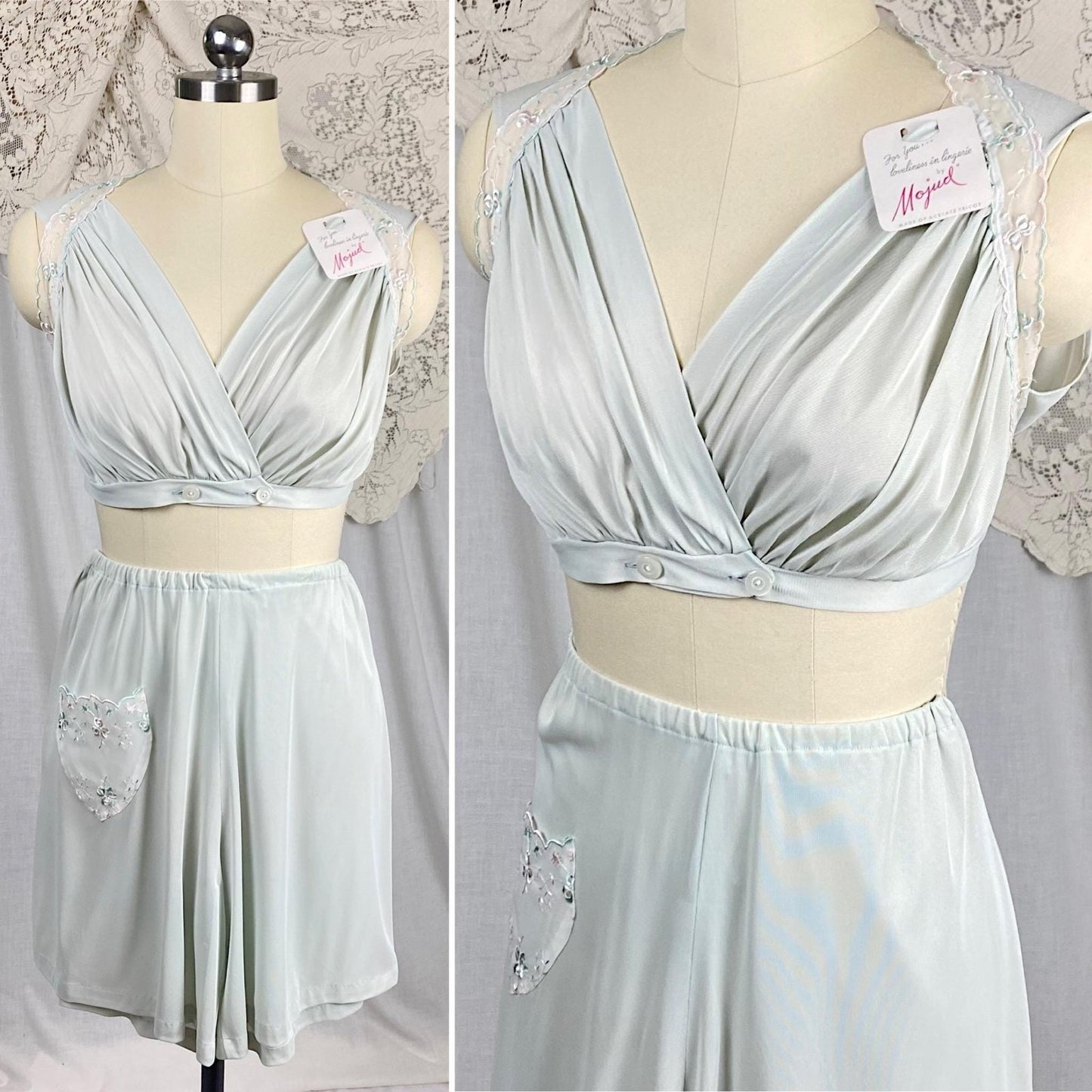 Vintage 1950's Crop Top & Bloomers Pajama Set | Pale Aqua Blue Nylon with Sheer White Chiffon Trim | Size XS, S | Mojud - Never Worn - Daggers & Dames