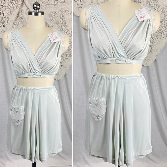 Vintage 1950's Crop Top & Bloomers Pajama Set | Pale Aqua Blue Nylon with Sheer White Chiffon Trim | Size XS, S | Mojud - Never Worn - Daggers & Dames