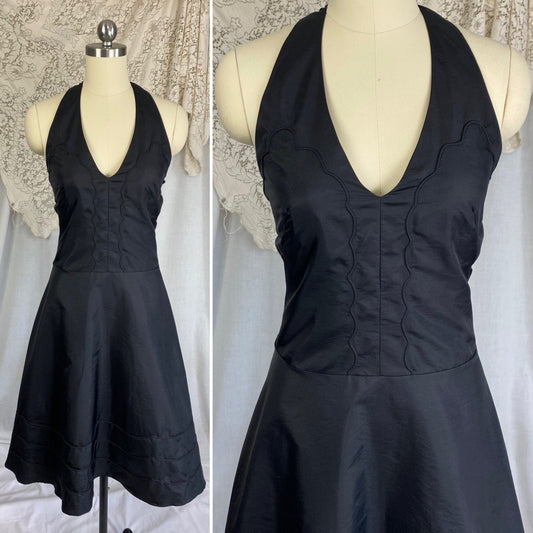 Vintage 1950's Halter Slip Dress | Black Taffeta with Piping Detail | Size XS - Daggers & Dames