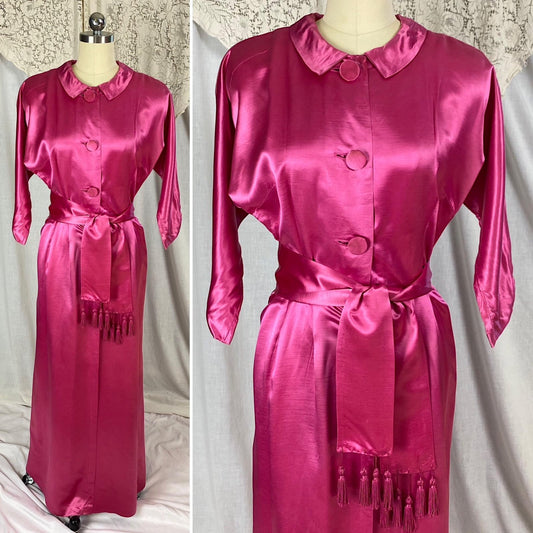 Vintage 1950's Hostess Dress | Hot Pink Rayon Satin with Tasseled Sash Tie | Size XS, S - Daggers & Dames