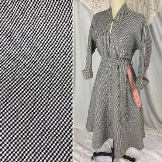Vintage 1950's Hostess Dress | Quilted Black & White Houndstooth Rayon Taffeta with Pink Lining | Size M, LG | Betty Louise Creations - Daggers & Dames