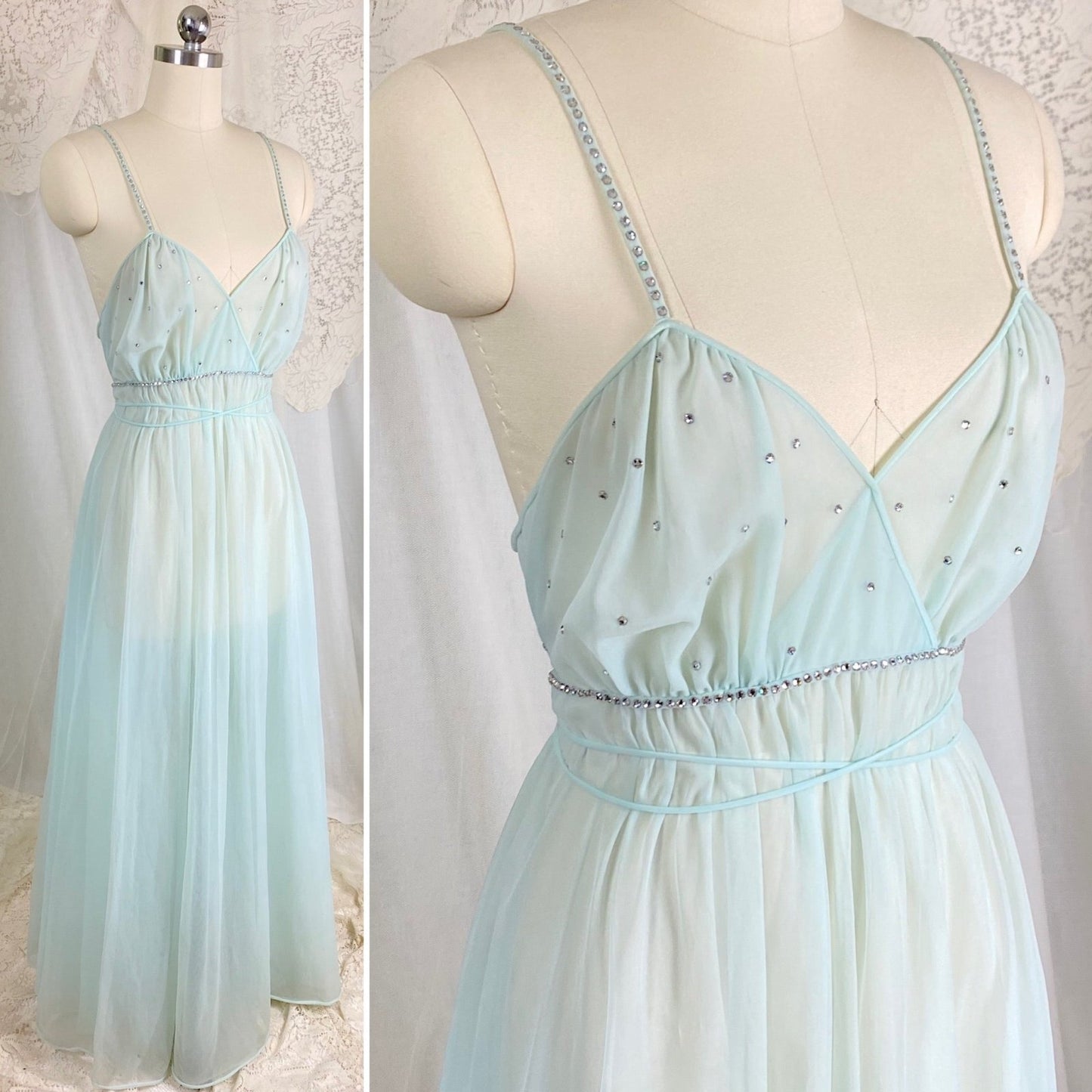 Vintage 1950's Nightgown & Peignoir Set | Sheer Pale Blue Nylon Chiffon with Rhinestones | Size M | Vanity Fair Conversation Piece Line - Daggers & Dames