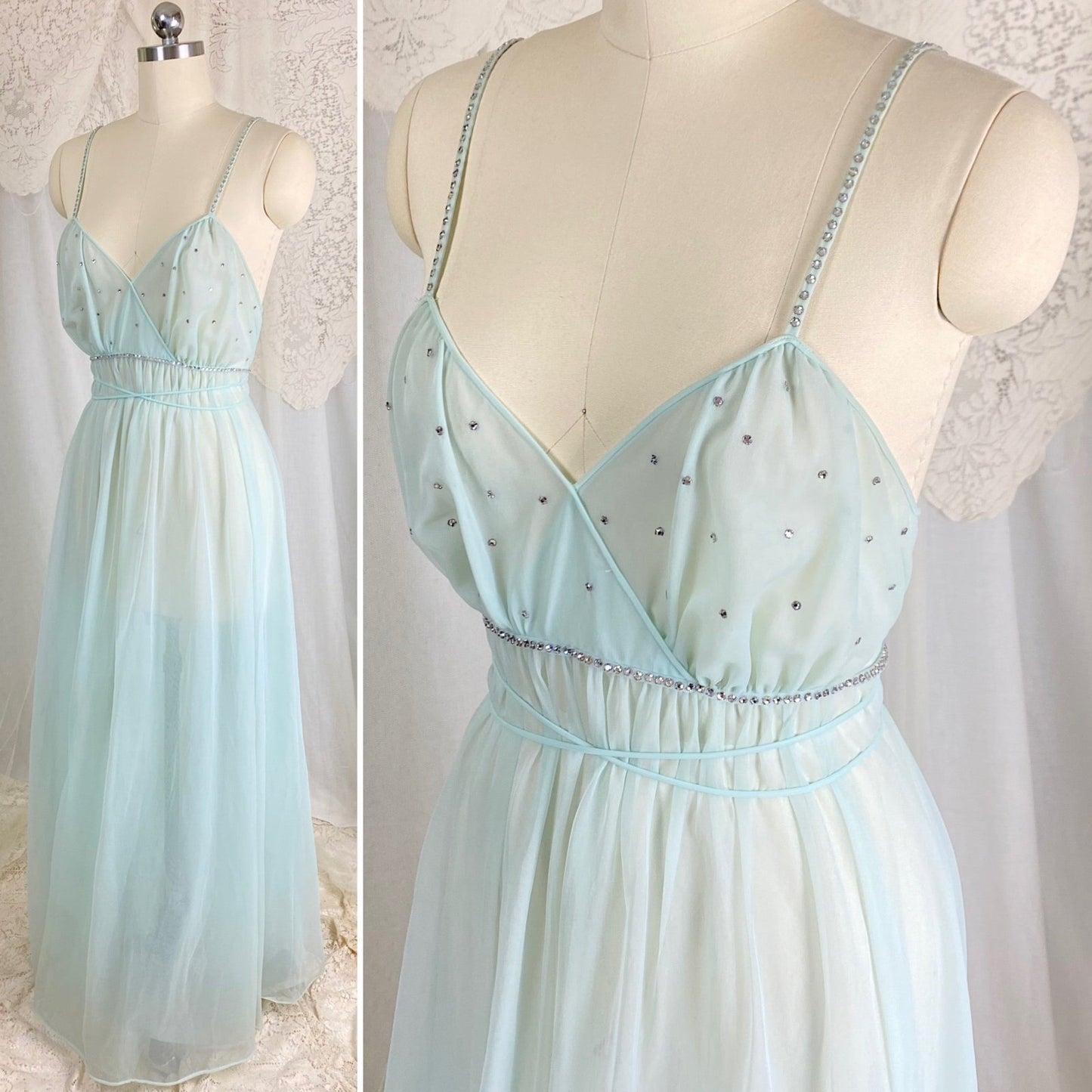 Vintage 1950's Nightgown & Peignoir Set | Sheer Pale Blue Nylon Chiffon with Rhinestones | Size M | Vanity Fair Conversation Piece Line - Daggers & Dames