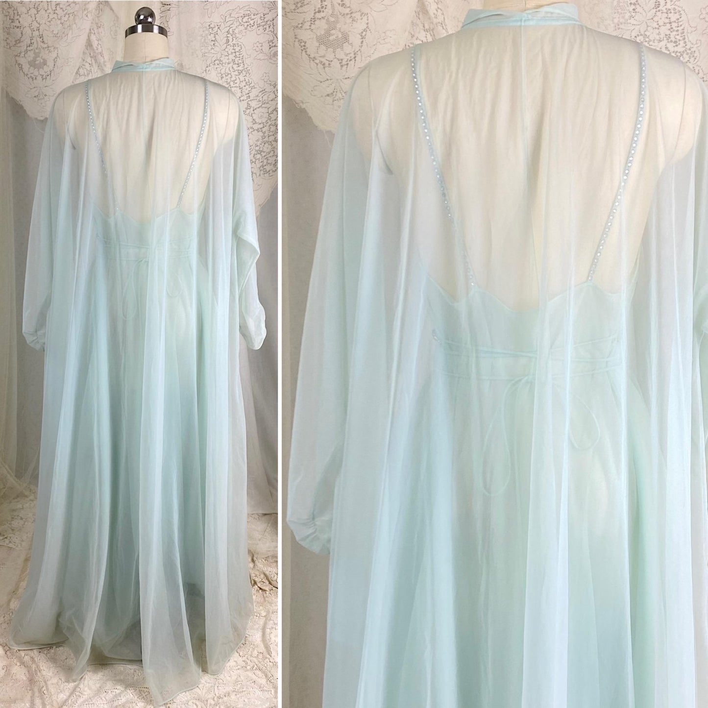Vintage 1950's Nightgown & Peignoir Set | Sheer Pale Blue Nylon Chiffon with Rhinestones | Size M | Vanity Fair Conversation Piece Line - Daggers & Dames