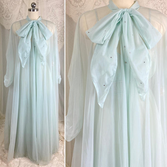 Vintage 1950's Nightgown & Peignoir Set | Sheer Pale Blue Nylon Chiffon with Rhinestones | Size M | Vanity Fair Conversation Piece Line - Daggers & Dames