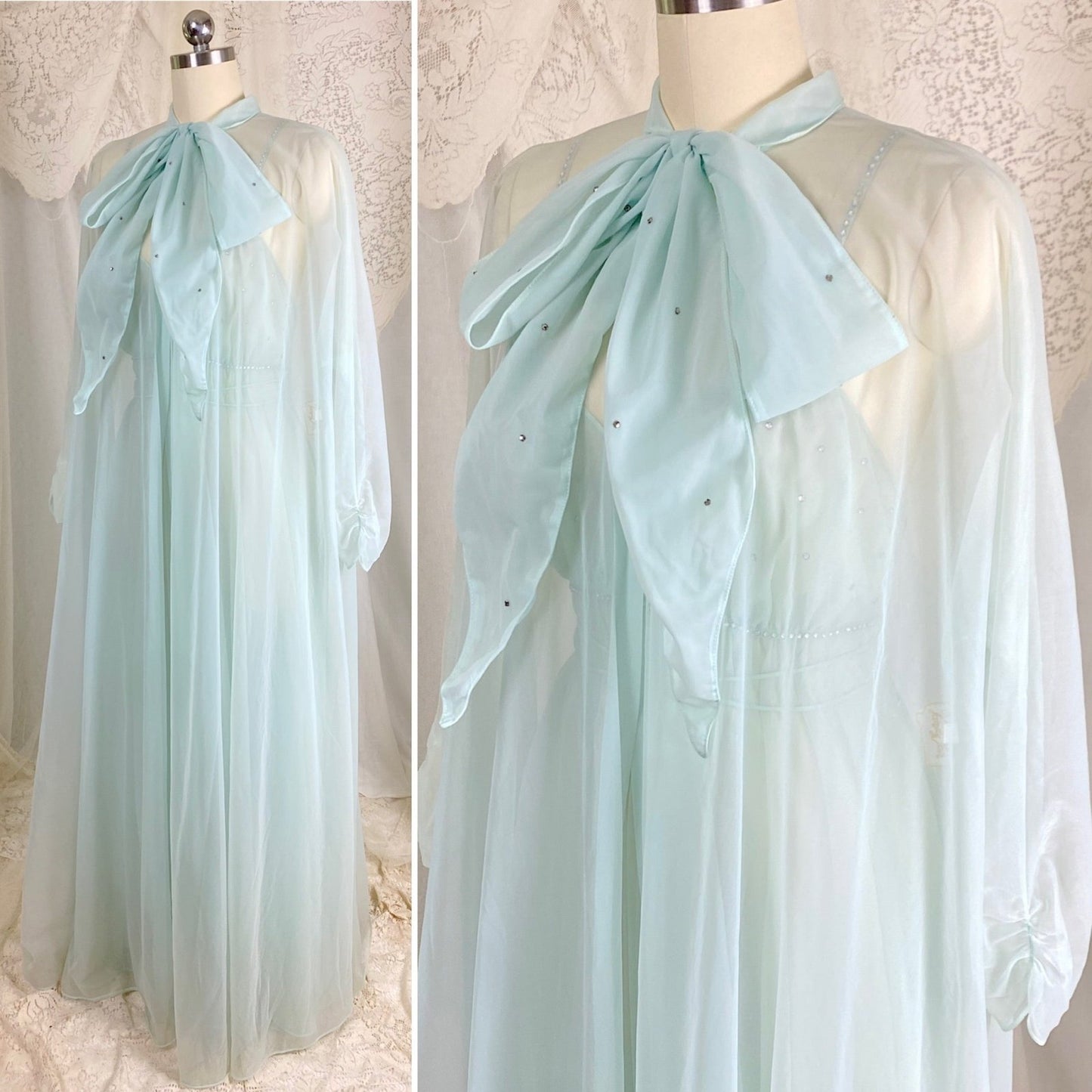 Vintage 1950's Nightgown & Peignoir Set | Sheer Pale Blue Nylon Chiffon with Rhinestones | Size M | Vanity Fair Conversation Piece Line - Daggers & Dames