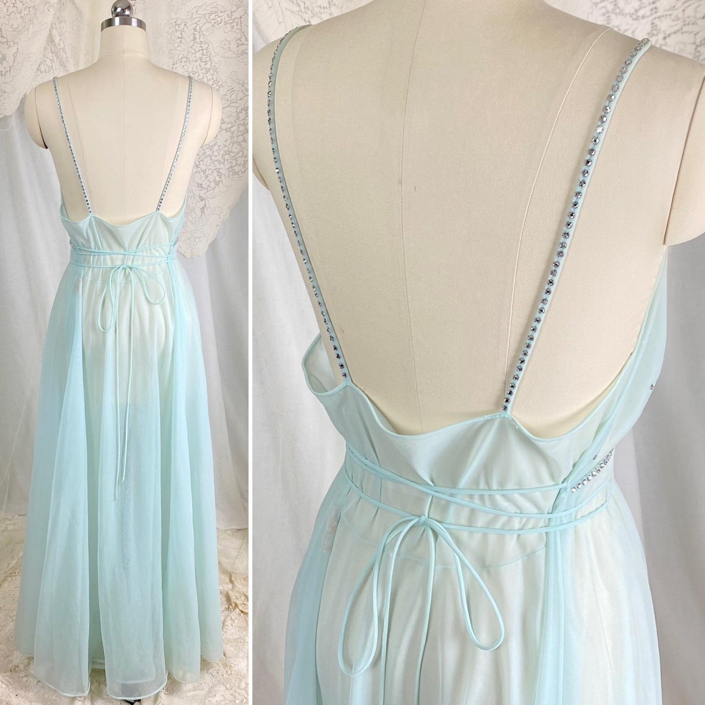 Vintage 1950's Nightgown & Peignoir Set | Sheer Pale Blue Nylon Chiffon with Rhinestones | Size M | Vanity Fair Conversation Piece Line - Daggers & Dames