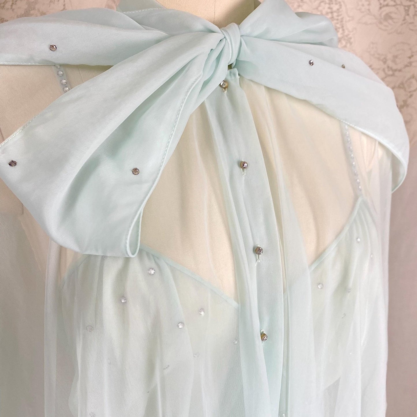 Vintage 1950's Nightgown & Peignoir Set | Sheer Pale Blue Nylon Chiffon with Rhinestones | Size M | Vanity Fair Conversation Piece Line - Daggers & Dames