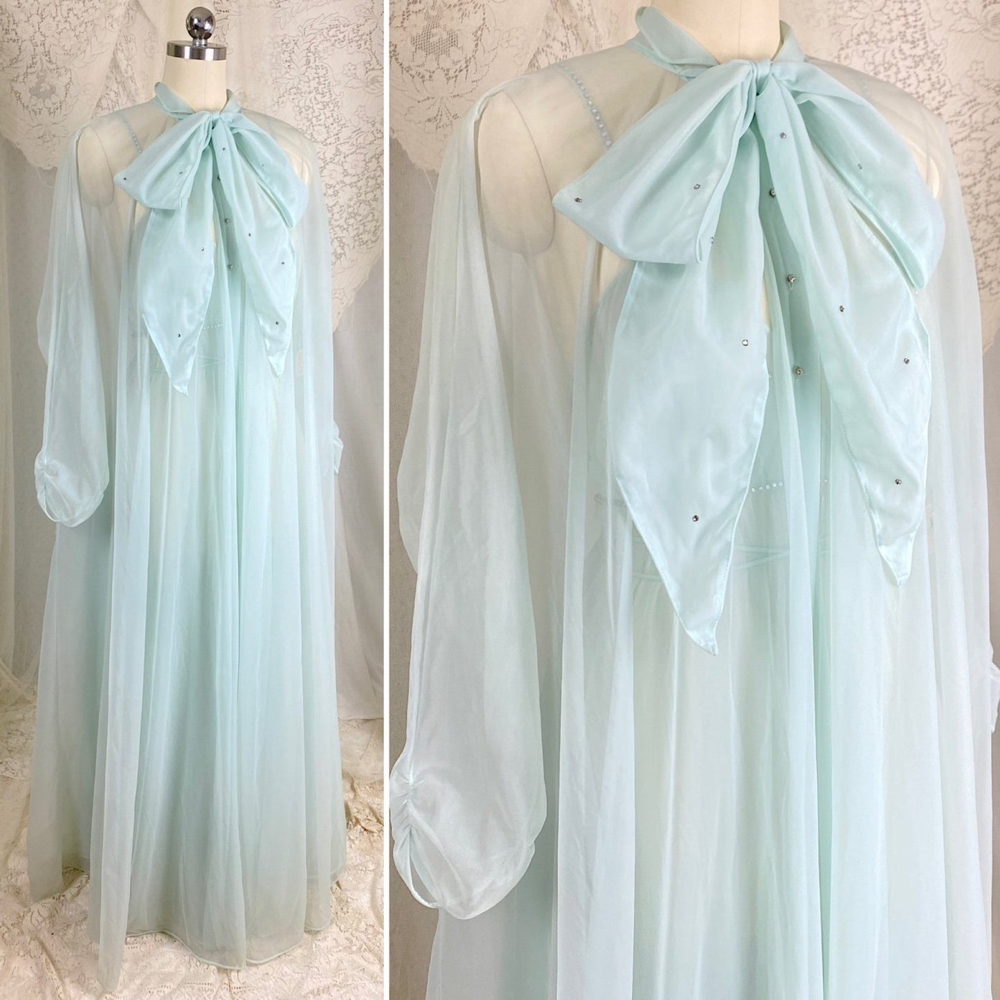 Vintage 1950's Nightgown & Peignoir Set | Sheer Pale Blue Nylon Chiffon with Rhinestones | Size M | Vanity Fair Conversation Piece Line - Daggers & Dames