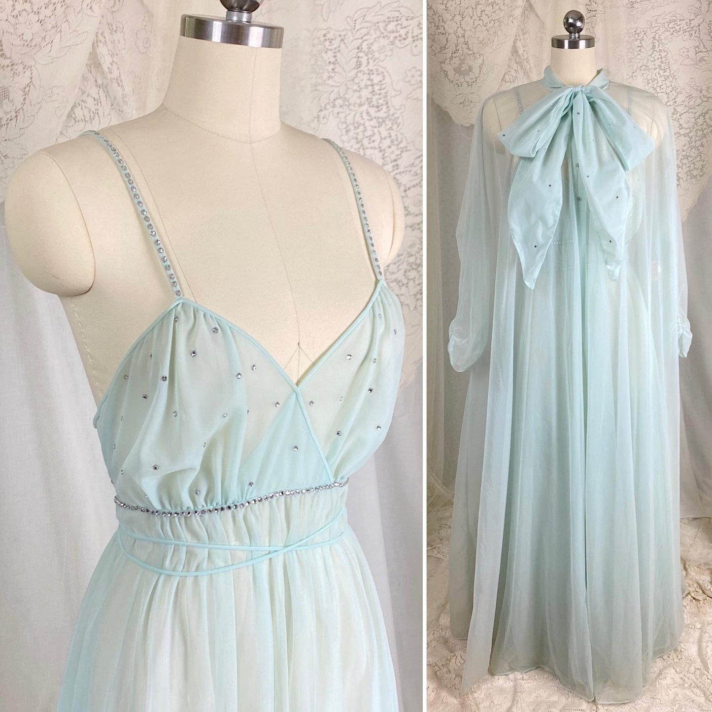 Vintage 1950's Nightgown & Peignoir Set | Sheer Pale Blue Nylon Chiffon with Rhinestones | Size M | Vanity Fair Conversation Piece Line - Daggers & Dames