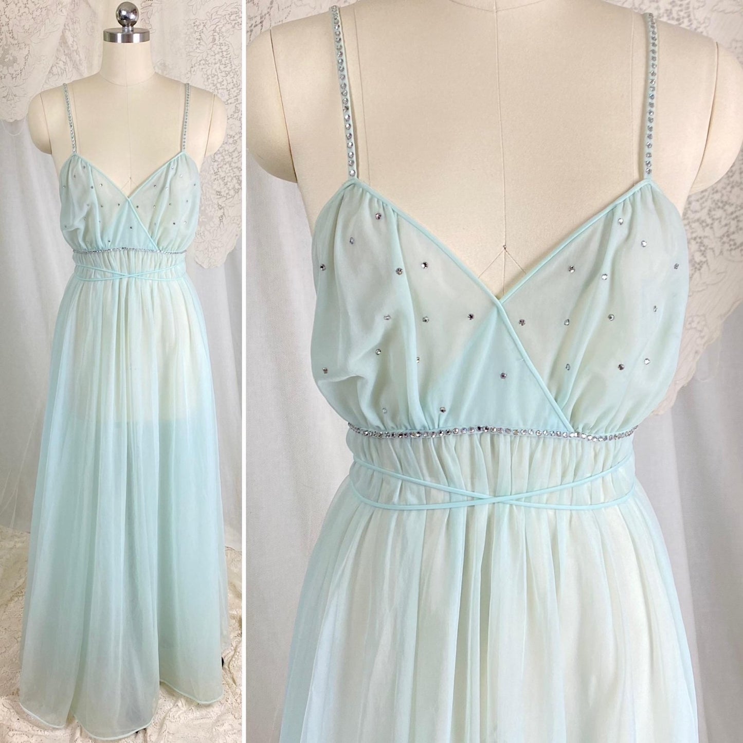 Vintage 1950's Nightgown & Peignoir Set | Sheer Pale Blue Nylon Chiffon with Rhinestones | Size M | Vanity Fair Conversation Piece Line - Daggers & Dames