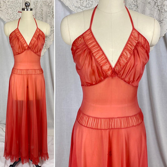 Vintage 1950's Nightgown | Scarlet Red Nylon with Halter Neckline & Crystal Pleating | Size XS, S | Faerie by Surelock - Daggers & Dames