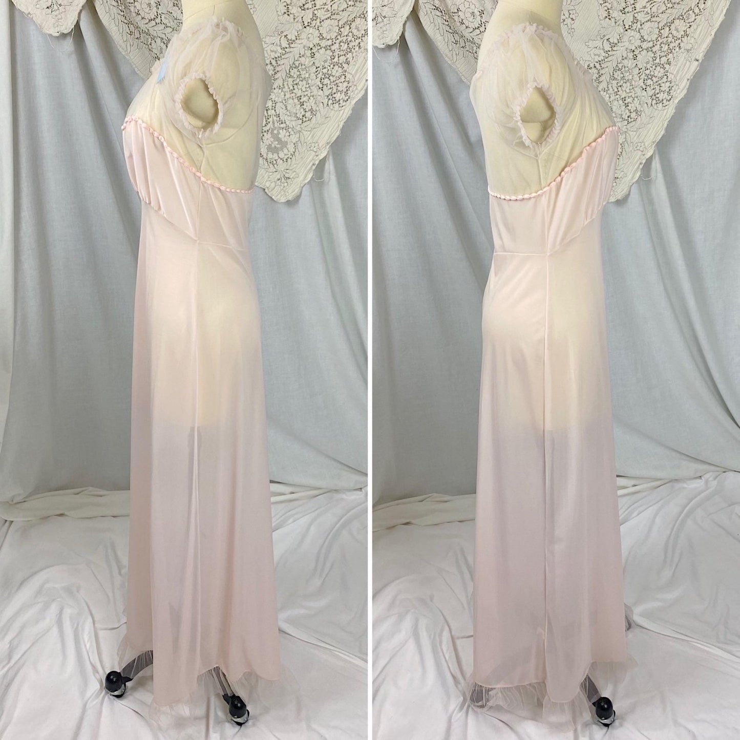 Vintage 1950's Nightgown | Semi Sheer Pink Nylon with Tulle Bodice and Puffed Sleeves | Size XS, S | By Beverly Vogue - New with Tags - Daggers & Dames